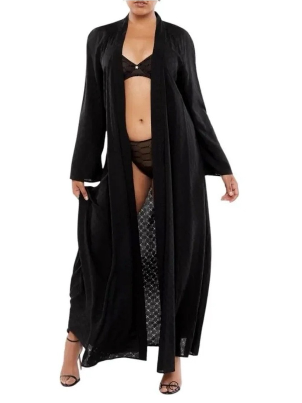 Savage X Fenty Black Woven Voile Monogram Sleep Long Robe for Women M/L